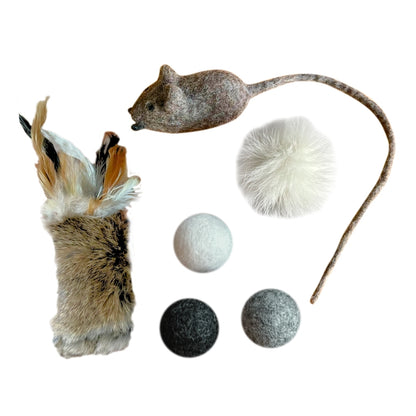 Natural Cat Toy Box - Rabbit Kicker Toy, Rabbit Pom Pom, Wool Balls, Wool Mouse Toy