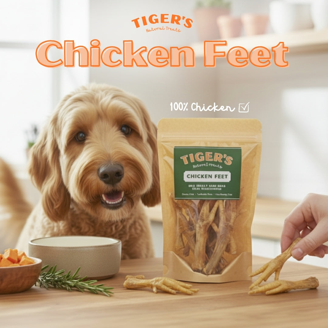 Happy Dog with Tiger's Chicken Feet packaging on a table