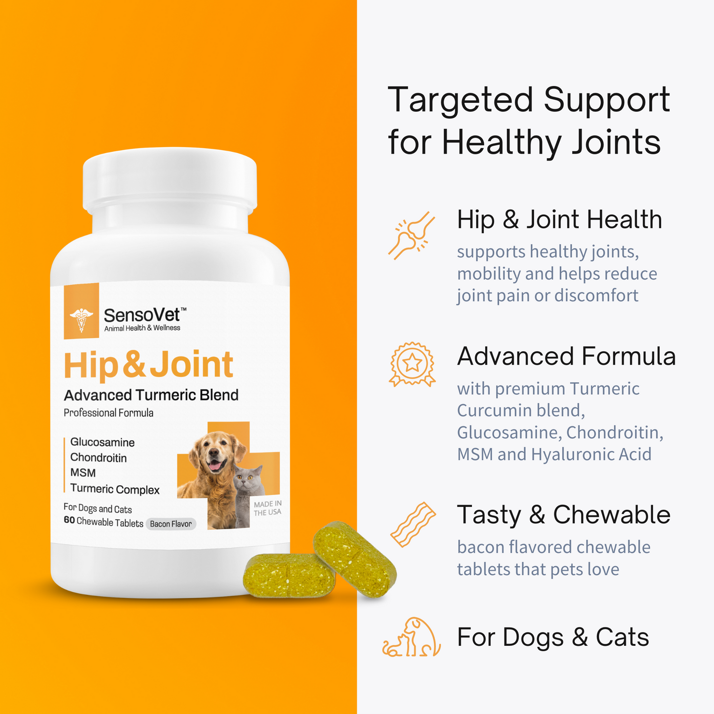 Hip & Joint Advanced Turmeric Blend for Dogs & Cats - 60 Chewable Tablets