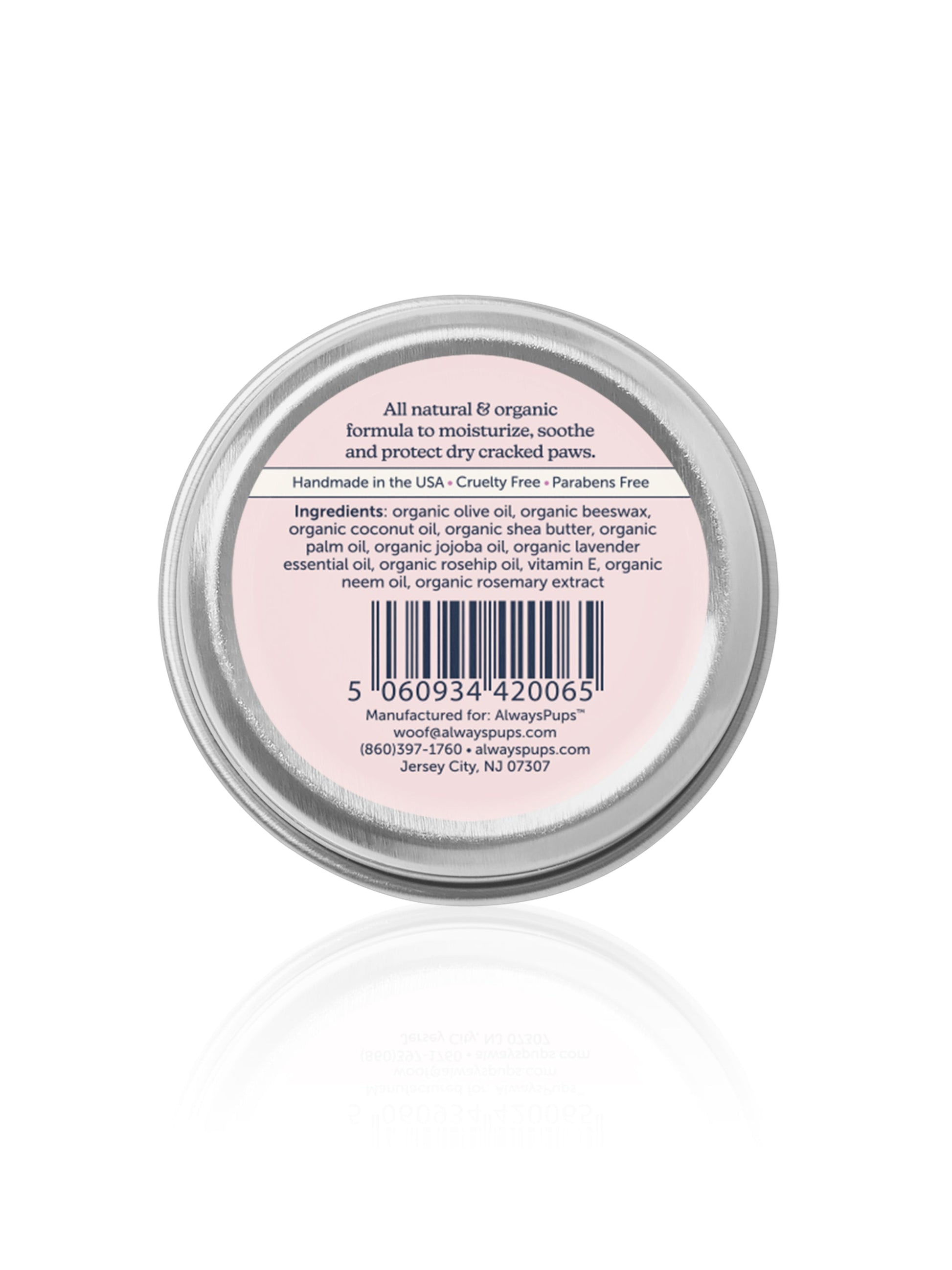 AlwaysPups All Natural Organic Paw Balm for Dogs - back of the 2oz in a metal tin