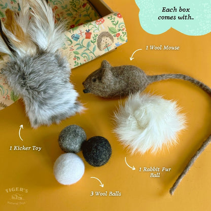 Natural Cat Toy Box - Rabbit Kicker Toy, Rabbit Pom Pom, Wool Balls, Wool Mouse Toy